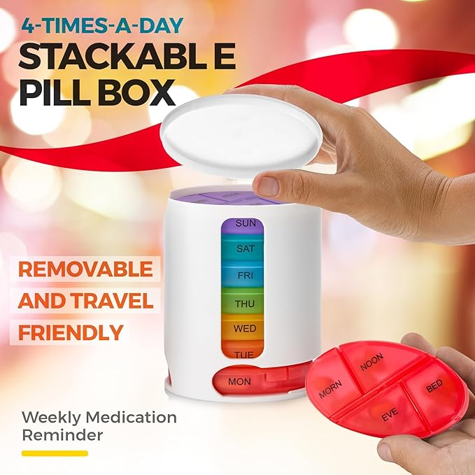 MEDca Weekly Pill Organizer, 1 Dispenser, 7 Stackable Multi-Color Compartments Four Times-a-Day - Morning, Noon, Evening, and Bedtime, White