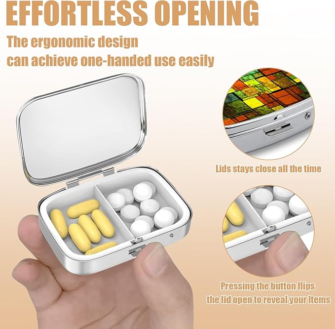 Pill Box-2 Compartment Small Pill Case Square Organizer Case with Mirror Portable Metal Medicine Box Travel Container for Pocket & Purse Women Men(Colorful Gtained Glass)