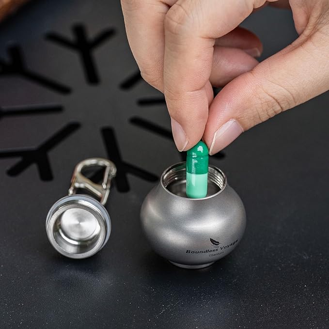 iBasingo Titanium Mini Pill Bottle Keychain Ultralight Waterproof Portable Medicine & Vitamin Storage Case for Outdoor Travel Emergency Metal Gourd Design (32.5g) Ti9006O (Titanium Original)