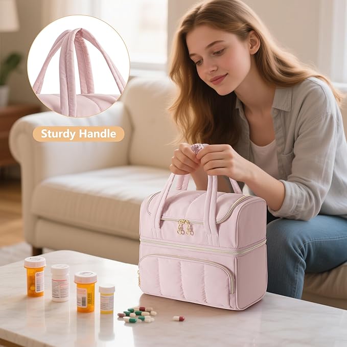 Damero Double Layers Medicine Bottle Organizer, Lockable Pill Bottle Organizer Medicine Bag with Lockable Zipper and Detachable Dividers for Medication, Vitamins or Medical Supplements, Pink