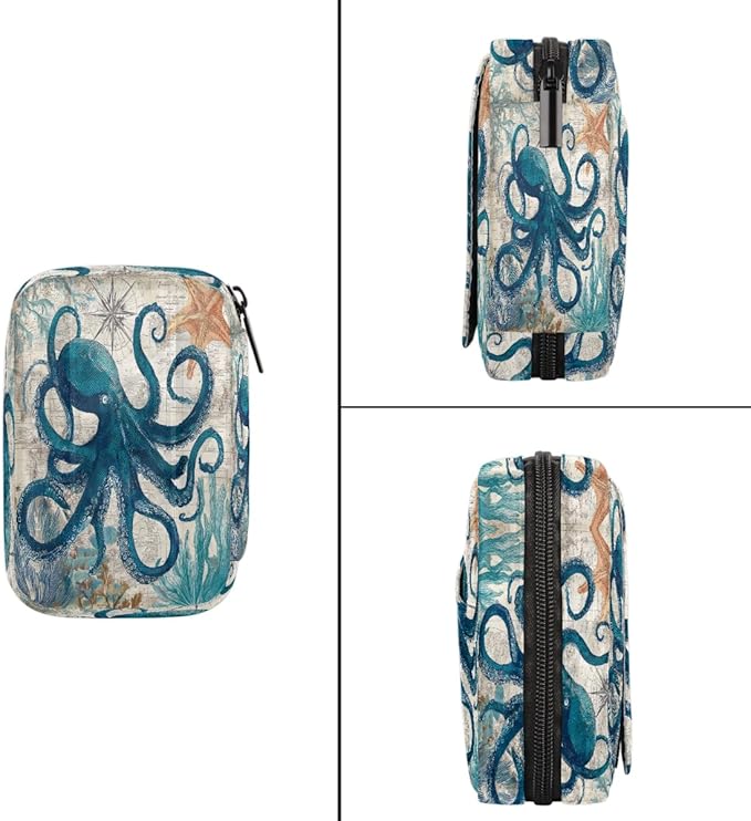Octopus Ocean Vintage Pill Case Travel Pill Organizer Weekly 7 Day Portable with Zipper Medicine Box Pill Case for Vitamins, Birth Control,Fish Oils,Medication, Supplements