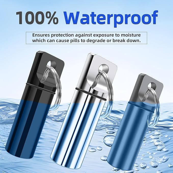 2 Pack Small Pocket Pill Box Keychain, Portable Mini Aluminium Alloy Pill Organizer Case Container for Purse, Waterproof Metal Pill Holder Medicine Bottle for Outdoor Camping Travel (Black & White)