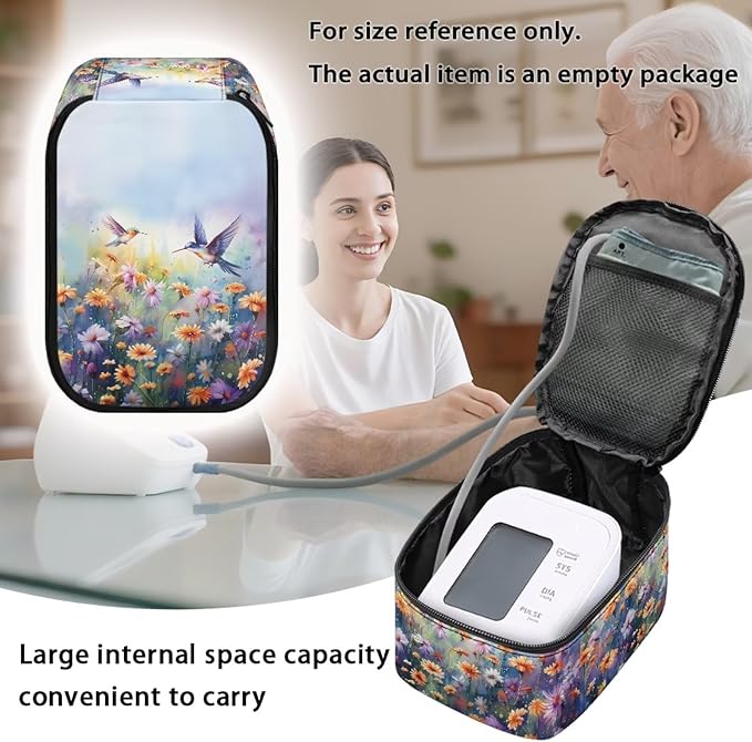 Floral Hummingbird Blood Pressure Monitor Case Universally Compatible Portable Storage Organizer Bag for Blood Pressure Machine Accessories