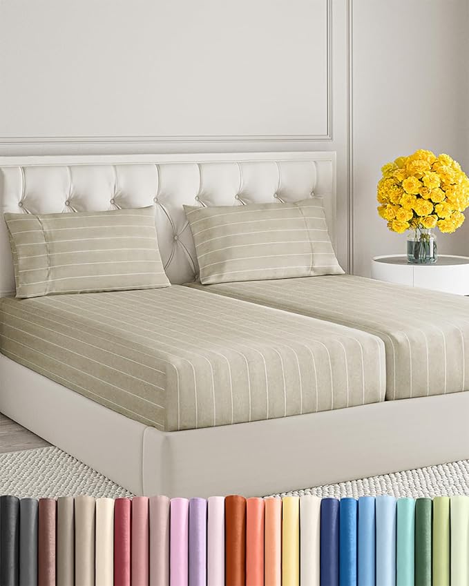 Split King Size 5 Piece Sheet Set - Extra Soft, Breathable & Cooling Sheets - Hotel Luxury Bed Sheets for Women & Men - Deep Pockets, Easy-Fit & Wrinkle-Free Sheets - Beige Stripes Oeko-Tex Bed Sheets