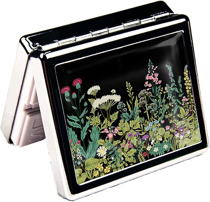 7 Days Chromed Shiny Silver Pill Organizer with Mirror Inside Has 8 Separate Compartments Rectangle 7 Days Pill Box Pill Case (Herbs and Wild Flowers)
