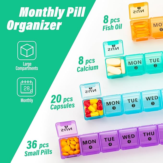 XL Large Monthly Pill Organizer 4 Weeks, 28 Day Pill Organizer Weekly, Big Compartment with Travel Case, 7 Day Pill Dispenser 4 Times a Day, Medicine Organizer Box for Vitamin, Fish Oil