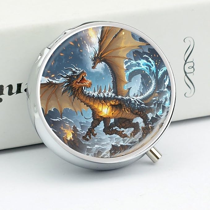 Fire and Ice Dragons Pill Box Travel Pill Case for Purse Pocket Weekly Medicine Organizer with Mirror 3 Compartment Round Medicine Case Portable PillcaseHolder for Daily