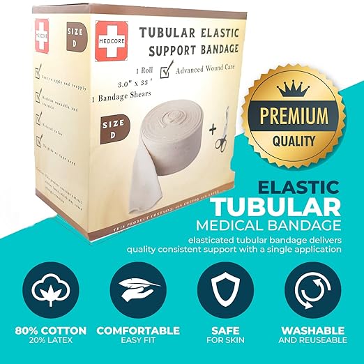 Tubular Compression Bandage Size D (3” x 33 ft) – Elastic Stockinette Support Sleeve for Elbow, Leg, Calves, Bicep & Arm – Cut-to-Fit, Washable Reusable, No Pins/Tape – Plus Medical Scissors