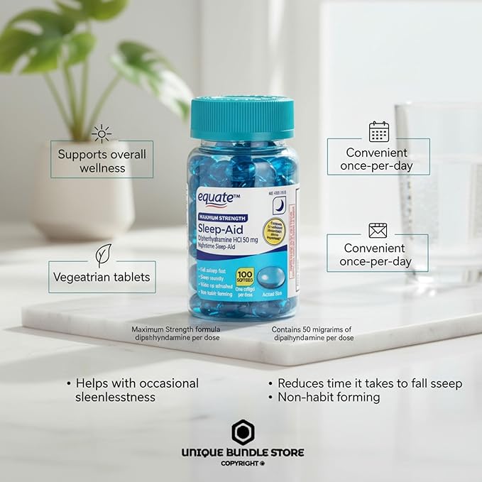 Maximum Strength Nighttime Sleep Aid 50mg – 100 Softgels, Night Time Sleep Support for Adults, Non-Habit Forming Sleeping Aid, Sleep Pills + 7 Day Pill Organizer Included (Pack of 2)