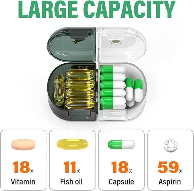 Weekly Pill Organizer 2 Times a Day, Moisture-Proof, Detachable Compartments, AM PM Pill Box 2X 7 Day, Travel Pill Organizer for Pills/Fish Oil/Medication/Vitamin/Supplements (Black + White)