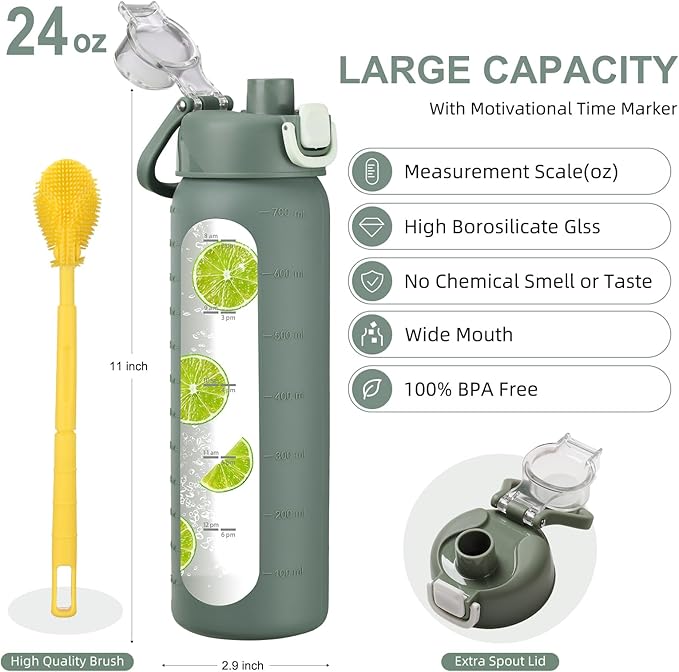 24 oz Glass Water Bottle with 2 Lids-Handle Spout Lid & Straw Lid, Motivational Water Bottle with Time Marker and Silicone Sleeve,Leakproof-Olive-1 Pack