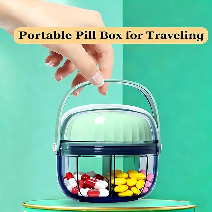 Pill Dispenser with 4 Compartments, Portable Pill Organizer Easy Supplements with Anti Mixing Wide Opening Design Vitamin Organizer Holds for Travel Office (Green 6.2x5.3cm)