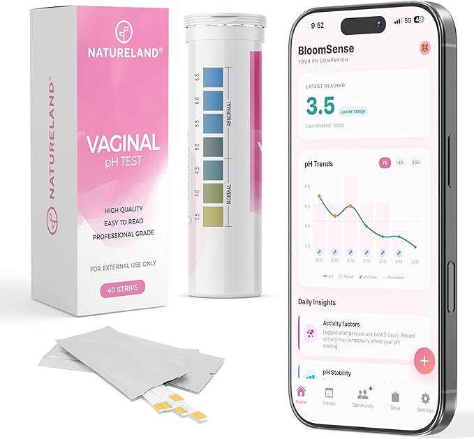 NATURELAND Vaginal pH Test Strips for Women – At-Home Test Kit, with BloomSense App, Accurate 3.5-6.5 Range, Foil-Sealed (40 Strips)