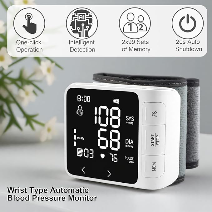 huangirl Wrist Blood Pressure Monitor | Wrist Blood Pressure Monitors for Home Use | Automatic Blood Pressure Monitor Wrist Blood Pressure Cuff with 2 Users Memory LCD Display Hypertension Alarm