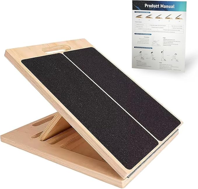Adjustable 16.5"×12" Wooden Slant Board – 5-Angle Foldable Calf Stretcher & Squat Wedge for Home-Gym, Portable Incline Board, 350 lb Rated