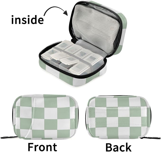Pill Organizer Box Case Weekly Travel Pill Container Cute Pill Holder 7Day Vitamin Organizer Pill Dispenser Sorter Planner Storage Small Compact Checkered Green and White13