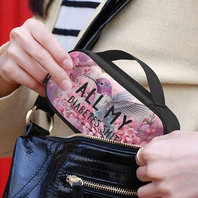 Rnyleeg Pink Diabetic Bags for Women Floral Hummingbird Insulin Cooler Travel Case Large Capacity Insulin Bags for Traveling All My Diabetes Shit