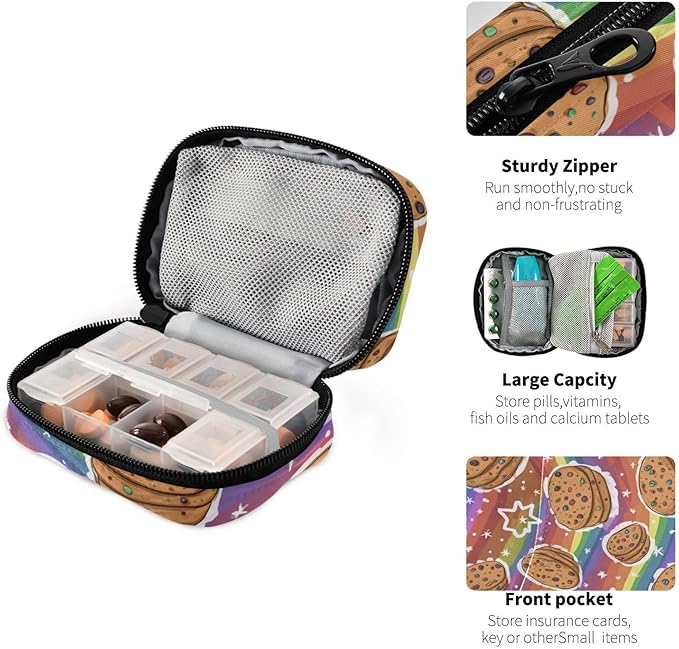 Colorful Striped Cookies and Stars Travel Pill Organizer Case Box Container Weekly Portable Vitamin Medicine Holder Storage Bag with Zipper Removable