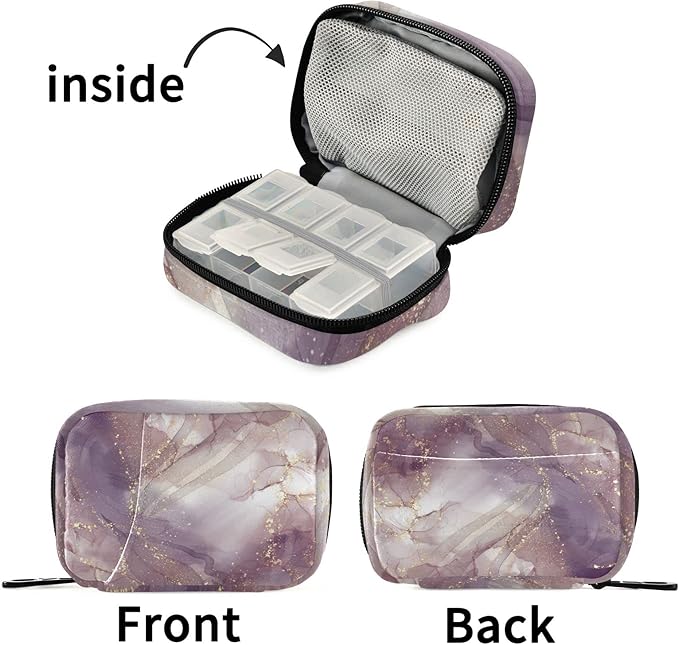 Purple Rose Marble Pill Case, Weekly Portable Pill Bag Container 7 Days Cute Pill Box Organizer Vitamin Supplement Holder with Zipper for Travel Family Business