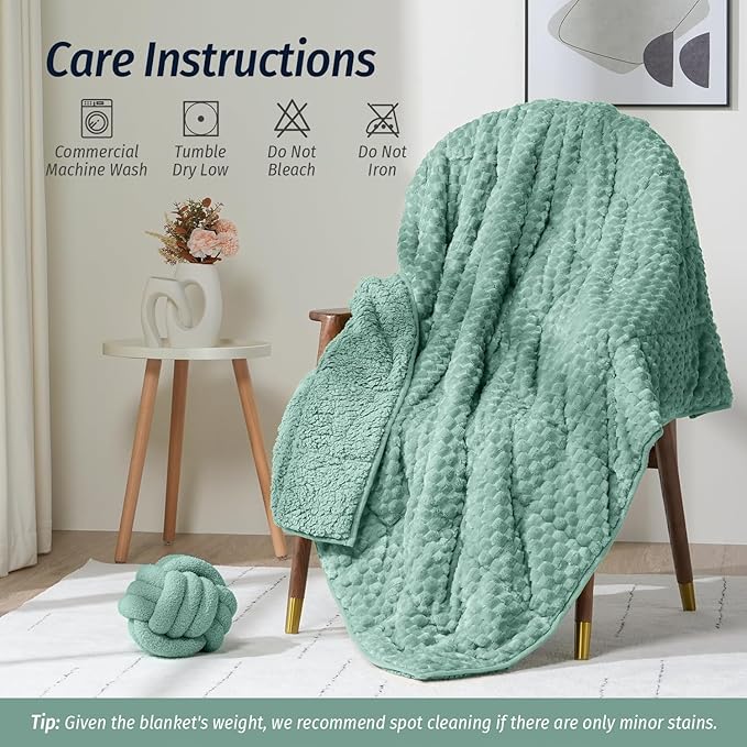 Wemore Fleece Weighted Blanket for Adults (80" x 87" 15lbs, Green), Dual Sided Cozy Soft Sherpa Heavy Blanket, 3D Imitation Turtle Shell Warm Jacquard Flannel Weighted Blankets for Couch and Bed
