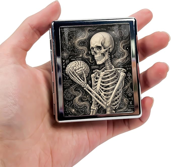 Metal 7 Day Pill Organizer, Cute Small Weekly Pill Case with 8 Compartments for Travel, Moisture-Proof Medicine Holder for Purse, Compact Daily Vitamin Box (Mystic Skeleton)