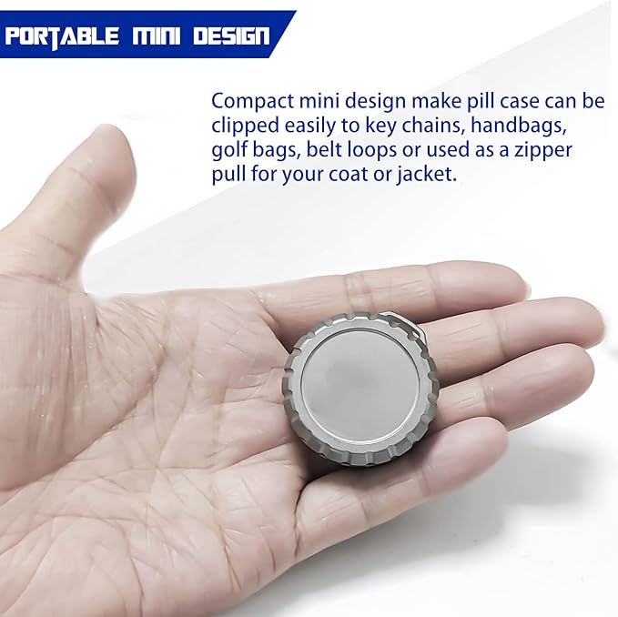 Titanium Waterproof Pill Case Travel Pill Organizer Bottle EDC Capsule Container Portable Pocket Metal Box with Chain for Camping, Hiking, Fishing, Magnetic Polishing