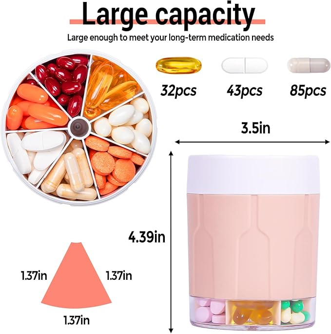 Betife Extra Large Supplement Organizer,Weekly Pill Organizer Bottle, Daily Pill Dispenser with 7 Large Compartments, Organizer to Hold 7 Day Vitamin Medication,21 Labels and a Cleaning Brush（Pink）