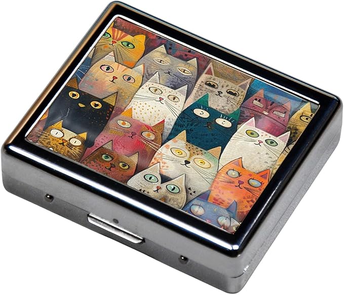 Cute and Portable Metal Pill Organizer – 8 Compartments, Elegant Chrome Finish, Ideal for Travel and Daily Use (Colorful Cat Faces)