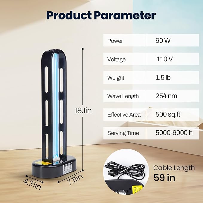 UV Light Sanitizer, 60W Ultraviolet Light with Ozone, UV Lamp with Remote Control & 3 Speed Timings, Home Disinfection Device, Dust Mites Remover, Ultraviolet Sanitizer for Room, Home, Hotel, Office