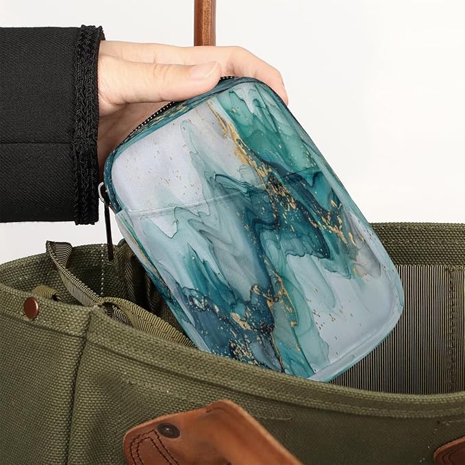 Abstract Teal Marble Travel Pill Organizer Box Weekly Portable Pill Case Daily Pills 7 Day Small Birth Control Pills Container Removable Compartments for Medicine Vitamins Fish Oil