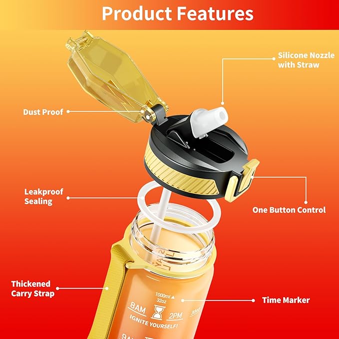 Water Bottle with Straw, 32oz Motivational Water Bottles with Time Marker to Drink, Tritan BPA Free, 1L Sports Water Bottle with Carry Strap LeakProof for Women Gym Fitness Outdoor (1 Pack)