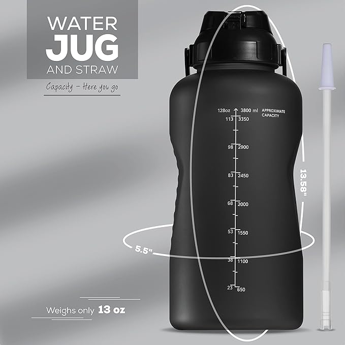 Motivational Water Bottle with Straw & Handle,One Gallon Water Bottle 128 oz/3.8L,Reusable Water Jug, Achieve All-Day Hydration SpillProof, BPA FREE