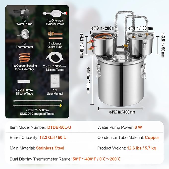 VEVOR Alcohol Still with Thumper Keg, 13.2Gal / 50L Alcohol Distiller, Distillery Kit for Alcohol with Copper Tube, Build-in Thermometer & Water Pump for Wine Whisky Brandy