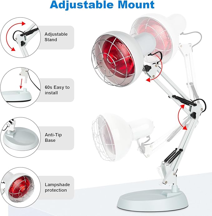 Profey Infrared Red Light Therapy with Timer, Heat Lamp Device with 150W Bulb, Adjustable Near Infrared Light Heat Lamp Set for Body Neck Shoulder Joints Back Pain Relief, for Home & Office (White)