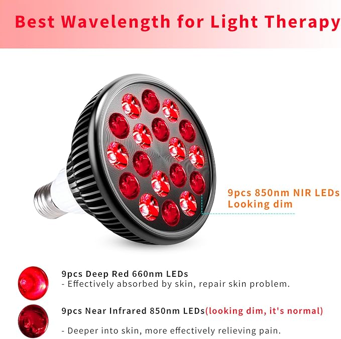 wolezek Red Light Therapy Bulb, 18 LEDs Red Light for Body and Face with 660nm and 850nm Near-Infrared Combo Wavelength, Infrared Light Therapy Lamp Device for Skin Care Pain Relief (Only Bulb)