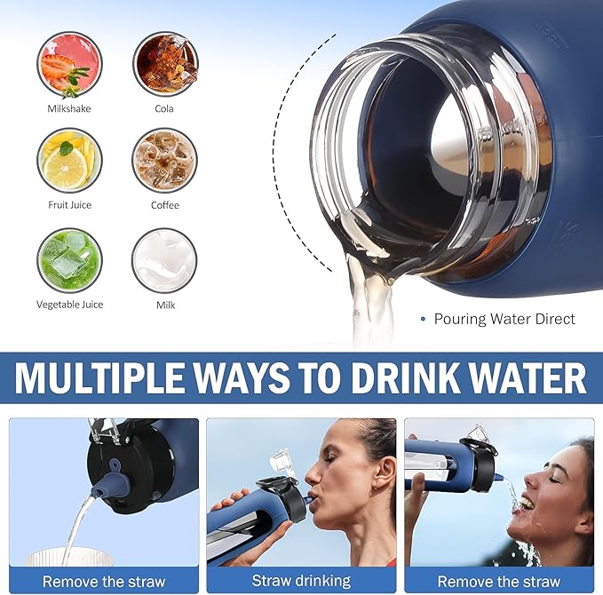Kodrine Water Bottle With Straw and Carry Handle, Glass Water Bottle 24 oz Leak Proof Locking Lid with Soft Silicone Spout, Reusable Drinking Cups for Travel Sports with Time Marker,Navy Blue