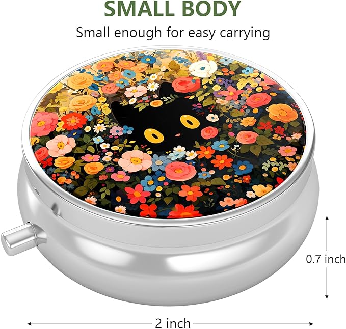 Nipichsha Pill Box, Small Pill Case for Purse & Pocket, Cute Travel Medicine Organizer, Portable Medicine Container Holder to Hold Vitamins, Medication, Fish Oil & Supplement, Flower Cat