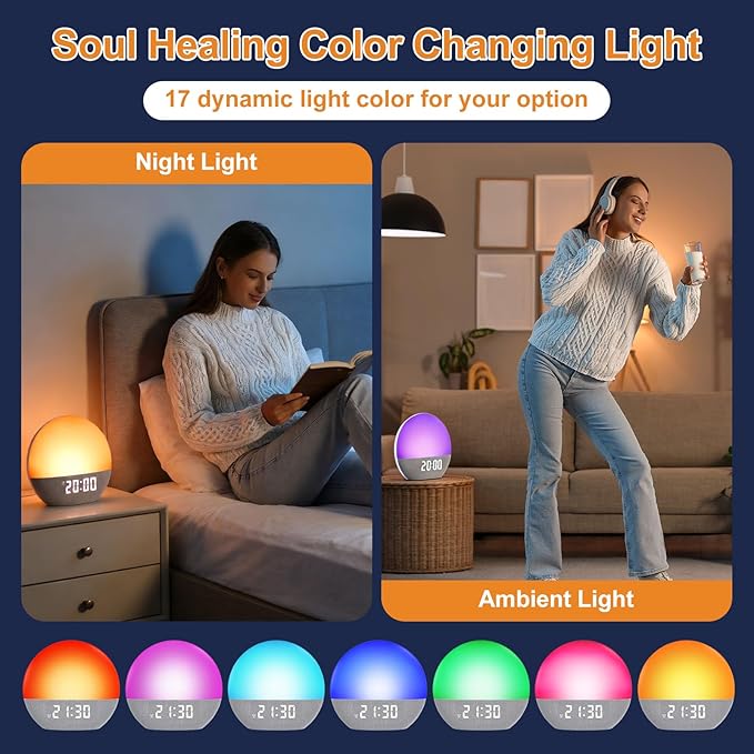 Sunrise Alarm Clock, White Noise Sound Machine, Gentle Alarm Clocks for Bedrooms, Natural Linen, 24 Soothing Sounds, 17 Night Lights, Dimmable Clock, Dual-Alarm for Heavy Sleepers