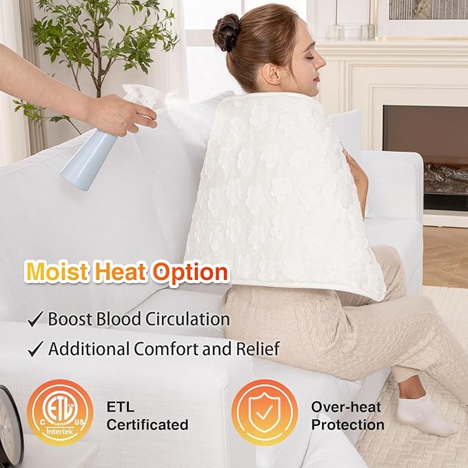 Woomer Faux Fur Electric Heating Pad for Back Pain Relief, Extra Large 17” x 33”, Extended Coverage from Neck to Hip, Two-Sided, Moist Mode, ETL Certified, 6 Adjustable Heats & 2H Auto-Off,White
