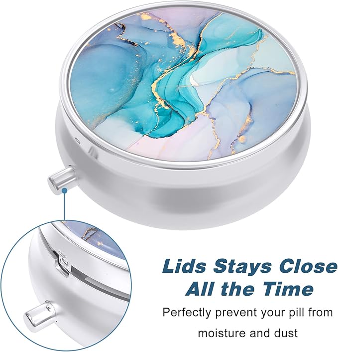 Pill Case, Cute Travel Pill Box for Purse, Moisture Proof Small Medicine Holder, Portable Pocket Medicine Organizer Dispenser to Hold Vitamins, Cod Liver Oil, Supplements, Colorful Ink Marble