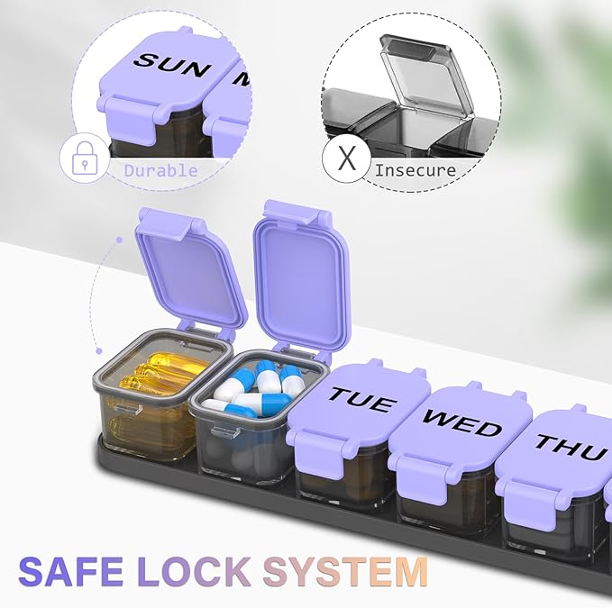Extra Large Weekly Pill Organizer - XL Vitamin Holder with 7 Detachable Compartments, Portable Medicine Pill Organizer for Supplements, Daily Pill Case for Home and Travel,Purple