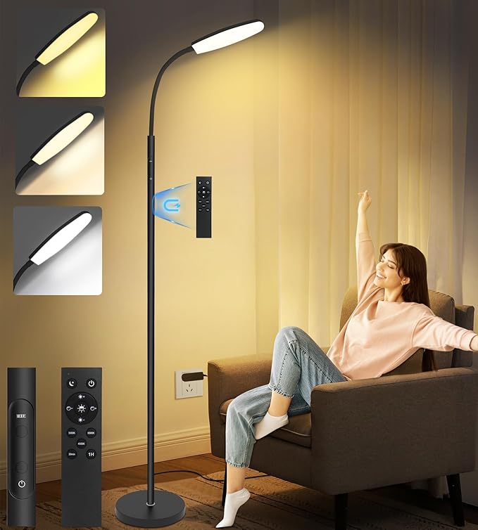LanSuper Light Therapy Lamp, 10000 Lux UV-Free Happy Therapy Lamp, Full Spectrum Sunlight Lamp with Remote Control, Light Therapy Floor Lamp with 10 Color Temperature & 6 Brightness & Timer-Black