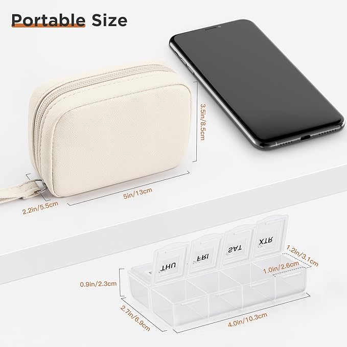 Zannaki Cute Pill Organizer for Purse with Two Removable 7-Day Pill Box, Travel PU Leather Pill Case, Portable Weekly Pill Container with Storage Bag to Hold Vitamins, Fish Oils, Supplements (Beige)