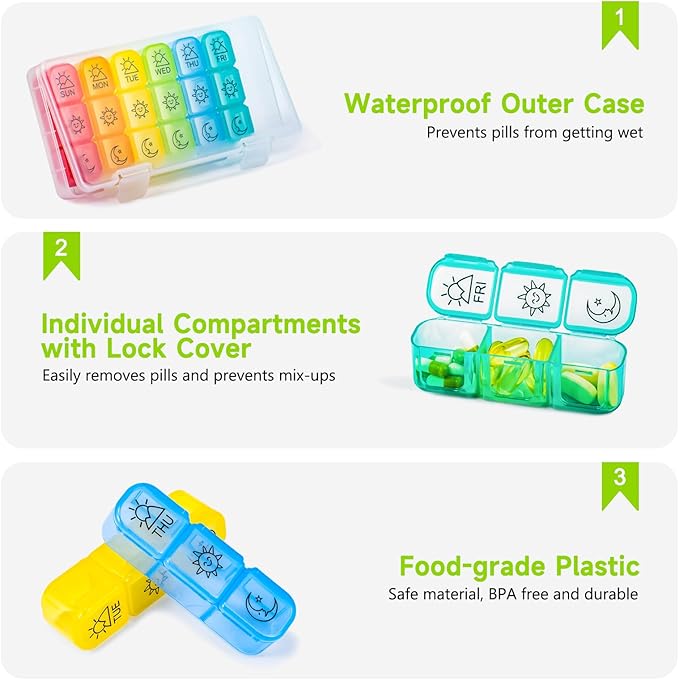 Large 7 Day Pill Organizer Weekly, Chrxbei Daily Medicine Container 3-Times-a-Day, Medication Holder for Vitamins, Fish Oils, Supplement, Deep Pills Planer for Elderly and Family - Morning Noon Night