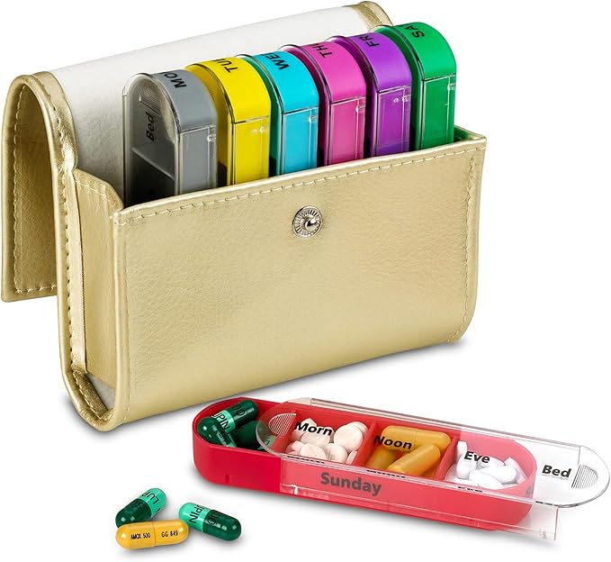 Weekly Travel Pill Organizer - Prescription and Medication Wallet Pill Box Reminder, Pill Container Dispenser Case, Vitamin Caddy Organizer, for 4 Times A Day, 7 Days a Week