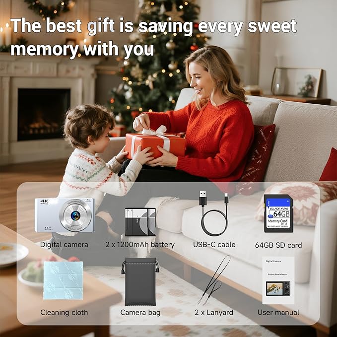 Digital Camera, 2026 4K Autofocus Digital Cameras for Teens, Silver Point and Shoot Camera for Kids with 16X Zoom, 64GB SD Card, Compact Small for Boys Girls Teens Kids Gift