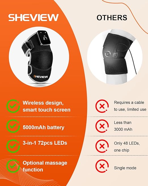 Red Light Therapy for Knee & Shoulder, Upgraded 72 LED Cordless 5000mAh Knee Massage Brace With 5 Vibration, 660nm & 850nm Infrared Red Light Therapy Heated Wrap Device