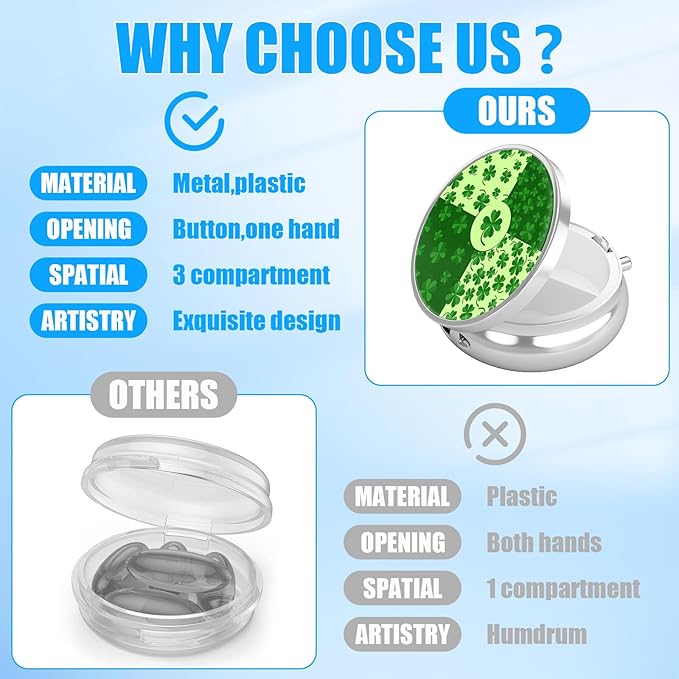 Pill Box, 3 Compartments Small St.Patrick's Day Pill Case Travel Portable Metal Medicine Box with Mirror Mini Container for Purse Pocket Women Men（Green Clover）