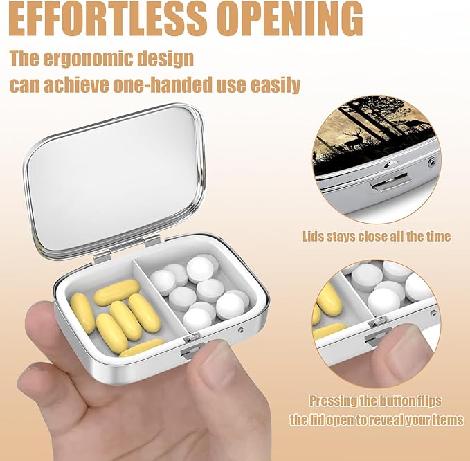 Pill Box-2 Compartment Small Pill Case Square Organizer Case with Mirror Portable Metal Medicine Box Travel Container for Pocket & Purse Women Men（Deer Pine Tree）
