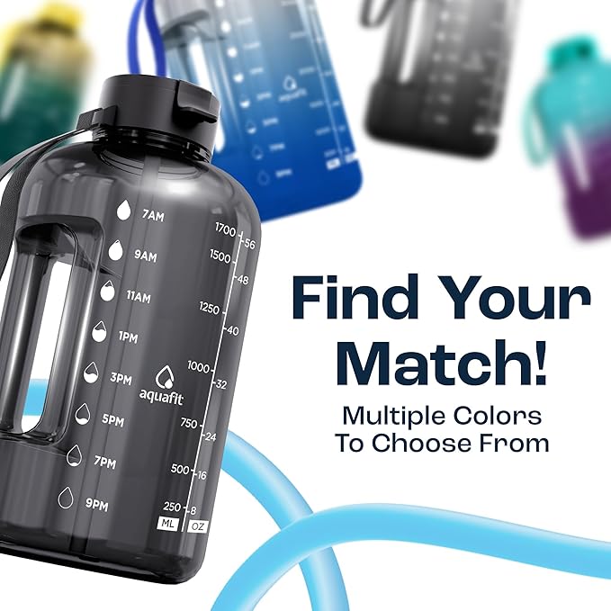 AQUAFIT 64 oz Water Bottle with Time Marker - Straw & Chug Lid - BPA Free Half Gallon Gym Water Bottle with Handle - Big Gallon Jug (Blue, 64 Ounces)
